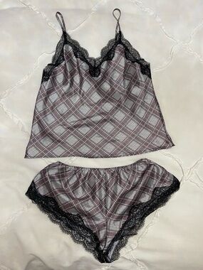 Victoria's Secret Satin and Lace Plaid Cami and Shorts Set XS